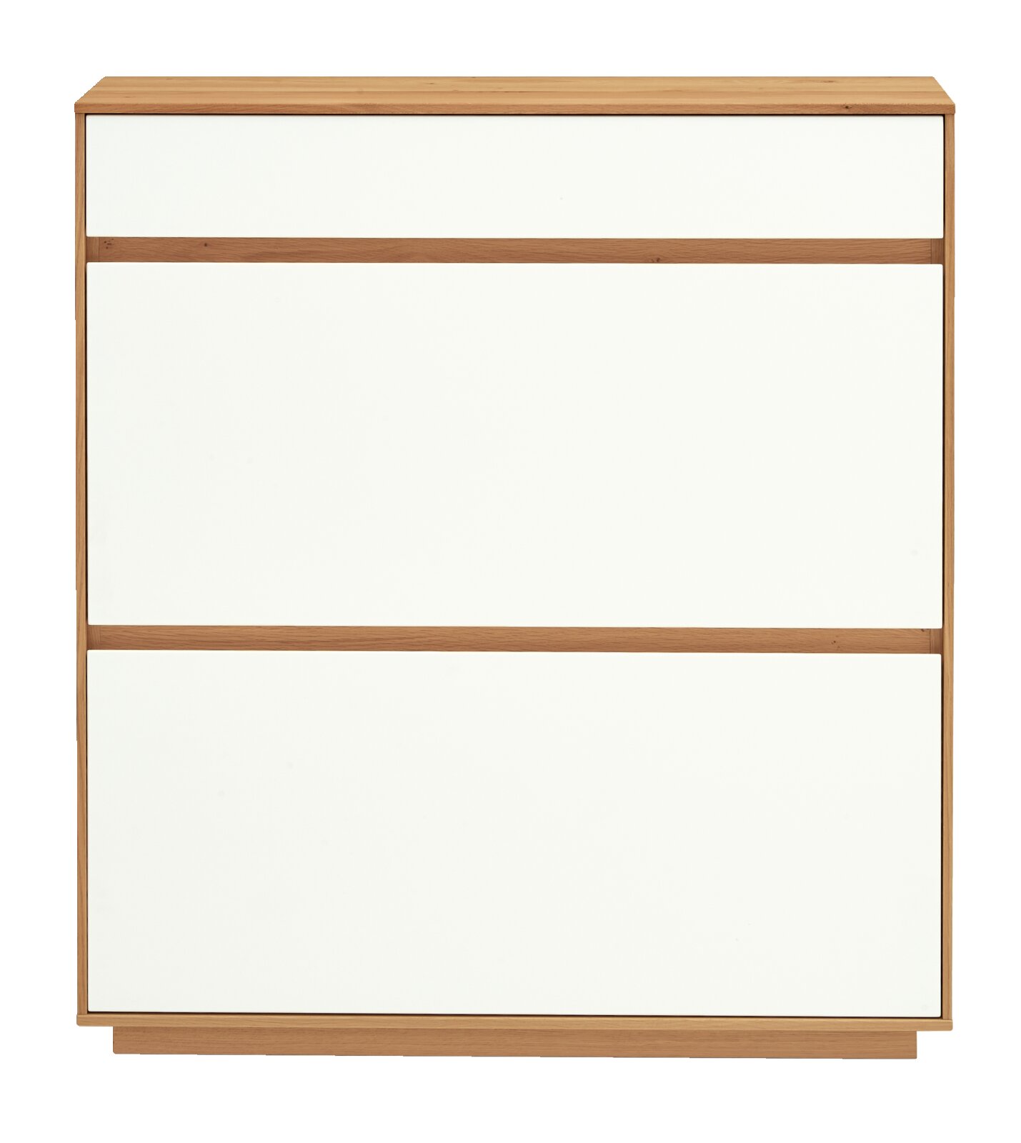 Moderne Kommode mit drei weißen Schubladen und Holzrahmen in Naturholz-Optik, Frontansicht