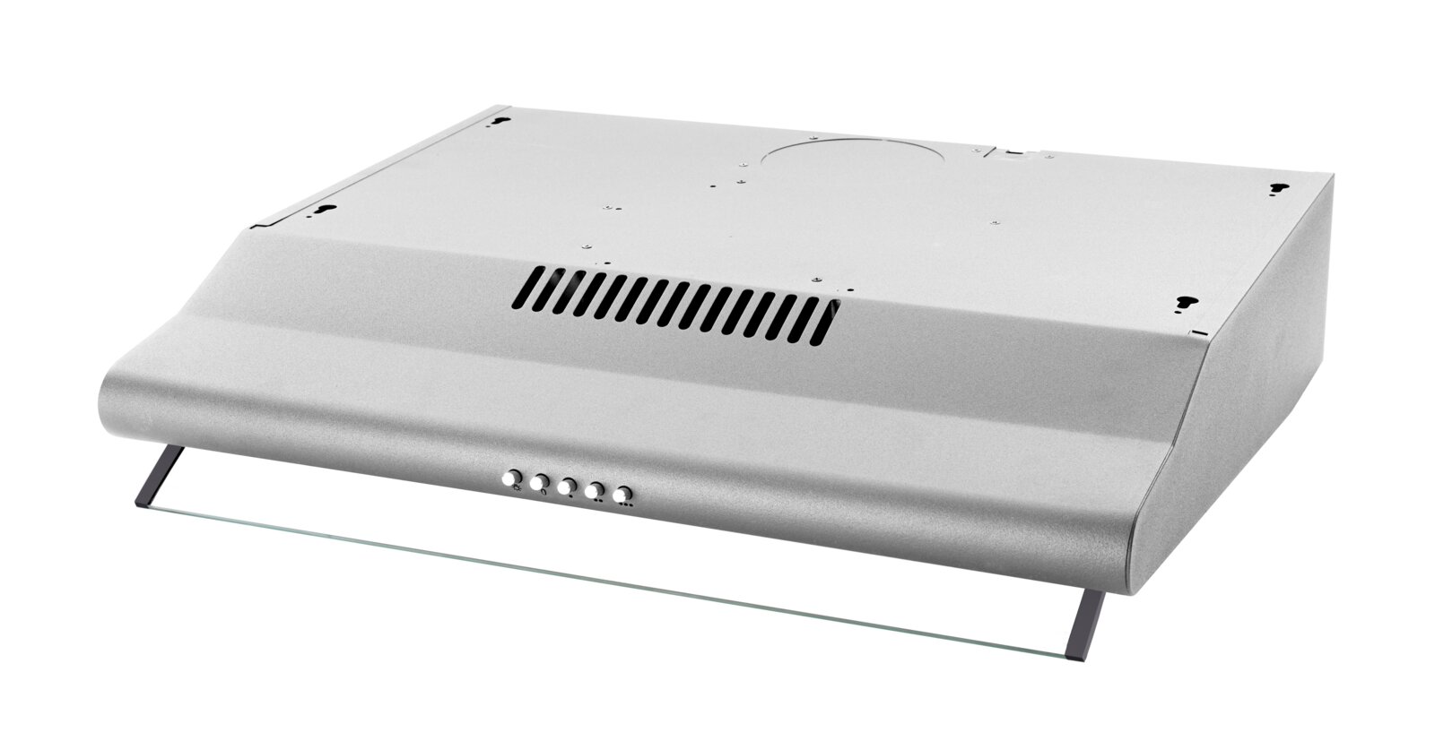 PKM Dunstabzugshaube UBH3001X Silberne Unterbau-Dunstabzugshaube aus Metall mit Lüftungsschlitzen und Tastenleiste, schräg von vorn oben fotografiert