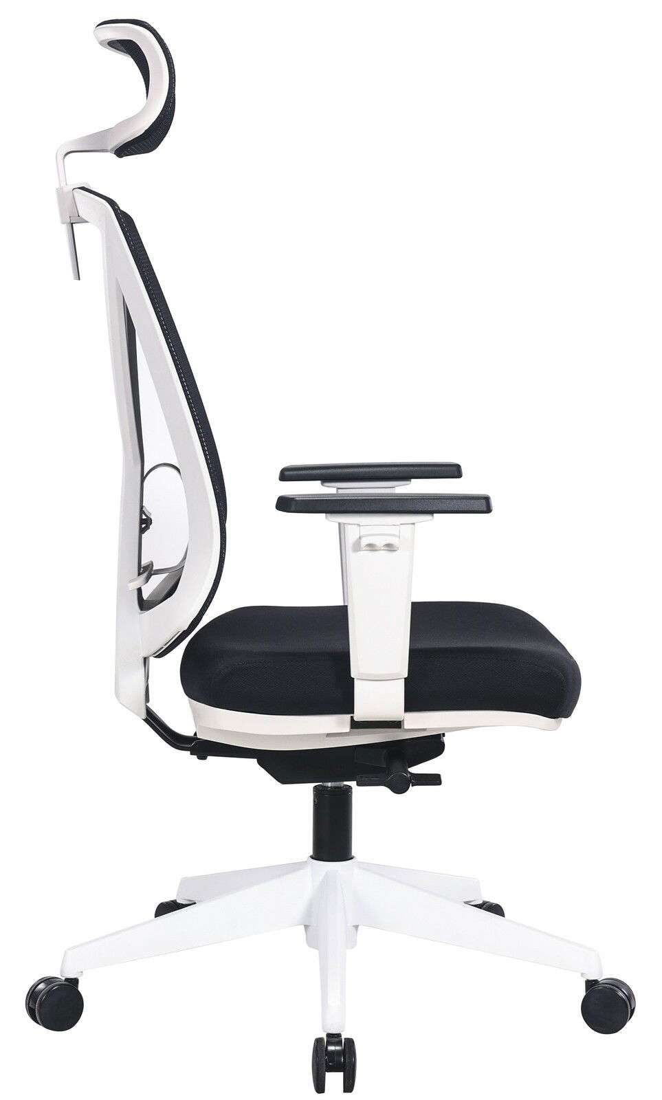 Moderner Drehstuhl XORA MIRO in Seitenansicht mit ergonomischer Rückenlehne und Kopfstütze, schwarz-weiße Farbgebung.