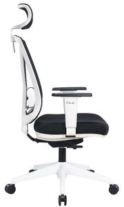 Moderner Drehstuhl XORA MIRO in Seitenansicht mit ergonomischer Rückenlehne und Kopfstütze, schwarz-weiße Farbgebung.