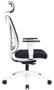 Moderner Drehstuhl XORA MIRO in Seitenansicht mit ergonomischer Rückenlehne und Kopfstütze, schwarz-weiße Farbgebung.