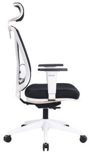 Moderner Drehstuhl XORA MIRO in Seitenansicht mit ergonomischer Rückenlehne und Kopfstütze, schwarz-weiße Farbgebung.