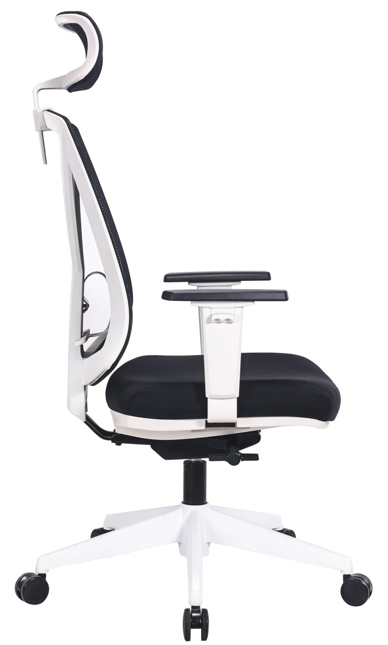 Moderne draaistoel XORA MIRO in zijaanzicht met ergonomische rugleuning en hoofdsteun, in zwart-witte kleurstelling.