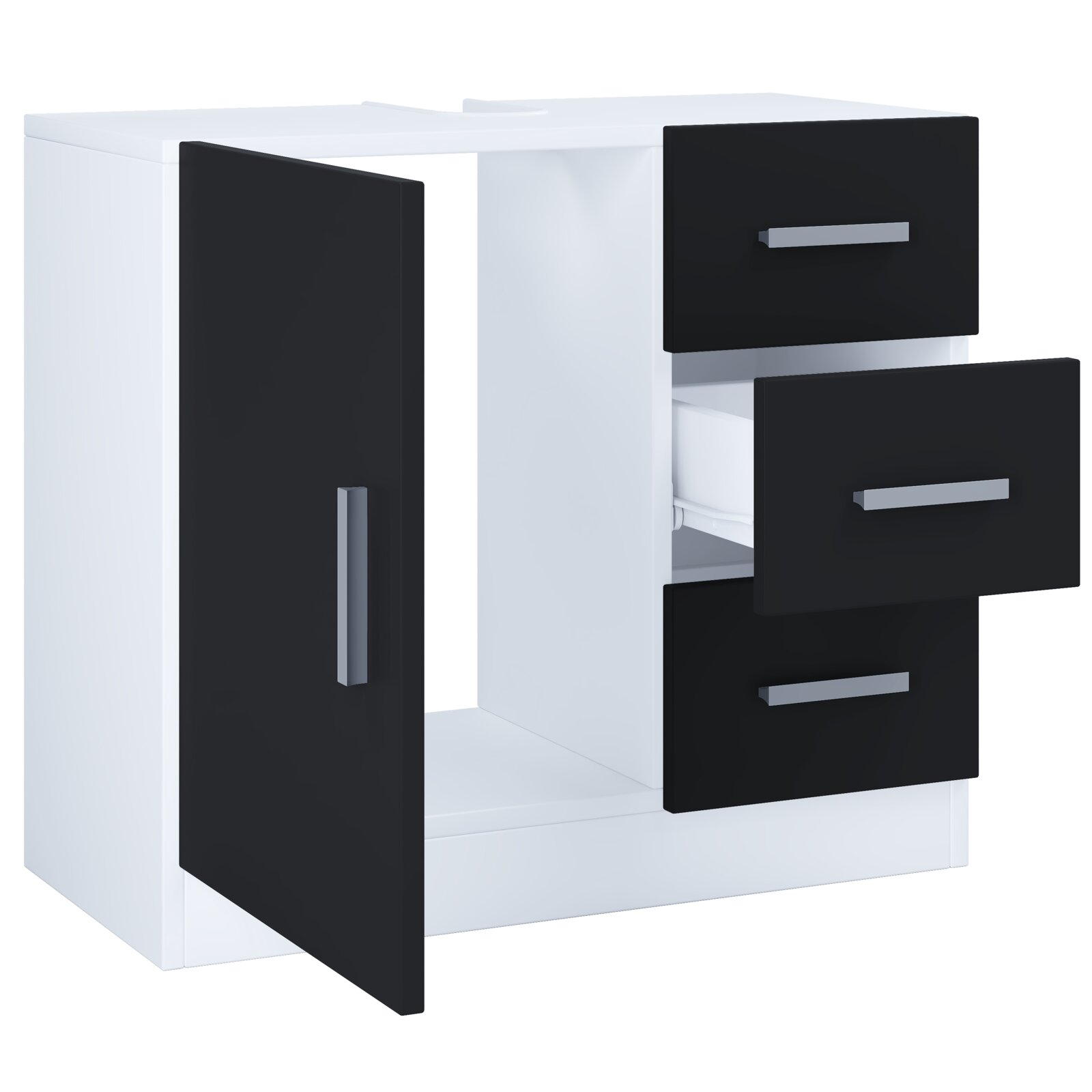 Modernes Badezimmer-Unterschrank/Badschrank in Weiß mit schwarzen Fronten, links geöffnete Tür und rechts drei teils ausgezogene Schubladen mit silbernen Griffen, Ansicht schräg von vorne (3/4-Perspektive)