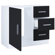 Modernes Badezimmer-Unterschrank/Badschrank in Weiß mit schwarzen Fronten, links geöffnete Tür und rechts drei teils ausgezogene Schubladen mit silbernen Griffen, Ansicht schräg von vorne (3/4-Perspektive)