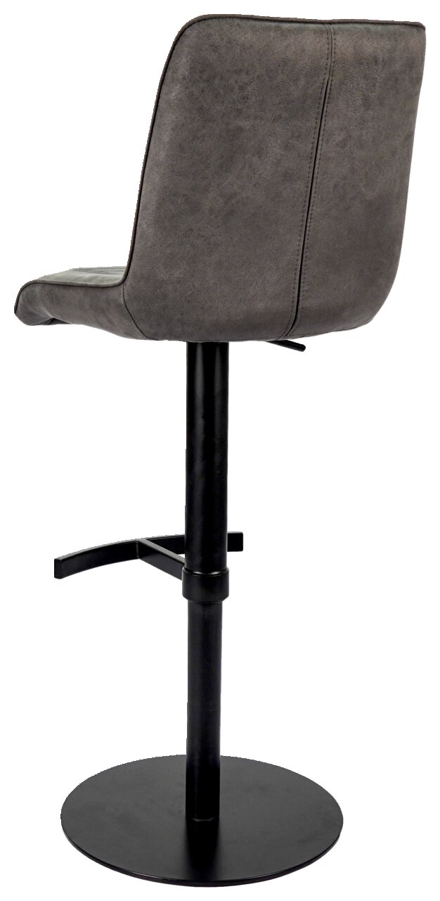 Rückansicht eines grauen Barstuhls mit schwarzem Metallfuß und Fußstütze.