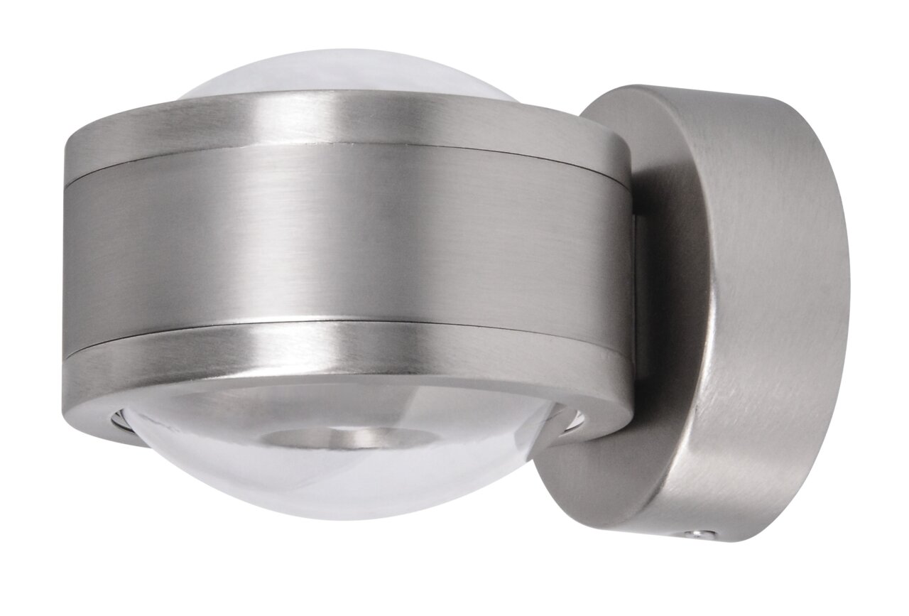 Moderne LED Wandleuchte aus gebürstetem Metall in seitlicher Perspektive