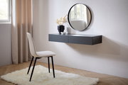 Moderne Wandkonsole in dunklem Design, seitliche Perspektive, mit rundem Spiegel und Dekoration.