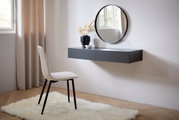 Moderne wandconsole in een donkere uitvoering, zijaanzicht, met ronde spiegel en decoratie.