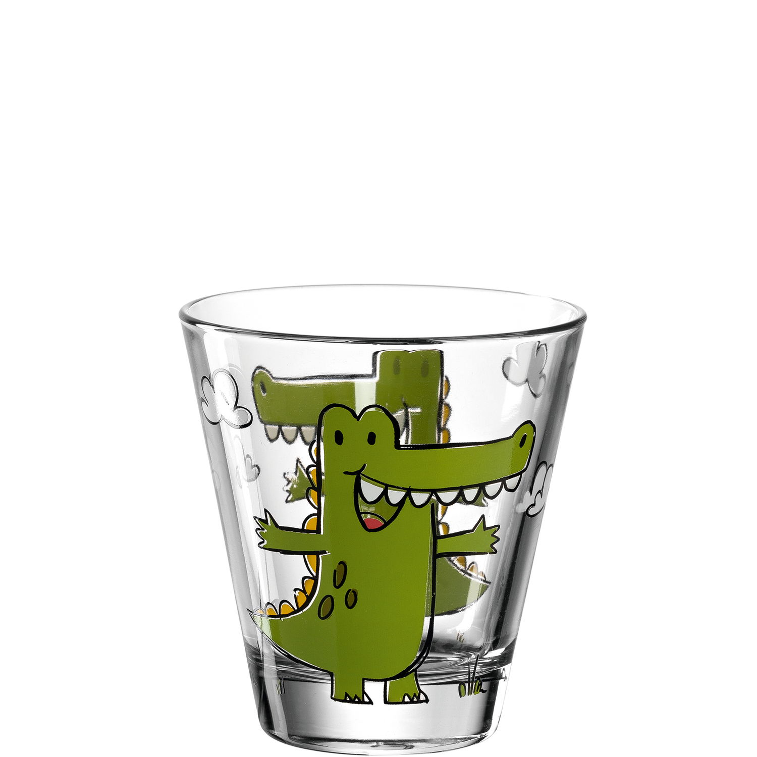Frontalansicht eines transparenten Kinderbechers mit einem fröhlichen, grünen Krokodil-Design und Wolkenmotiv, 215ml.