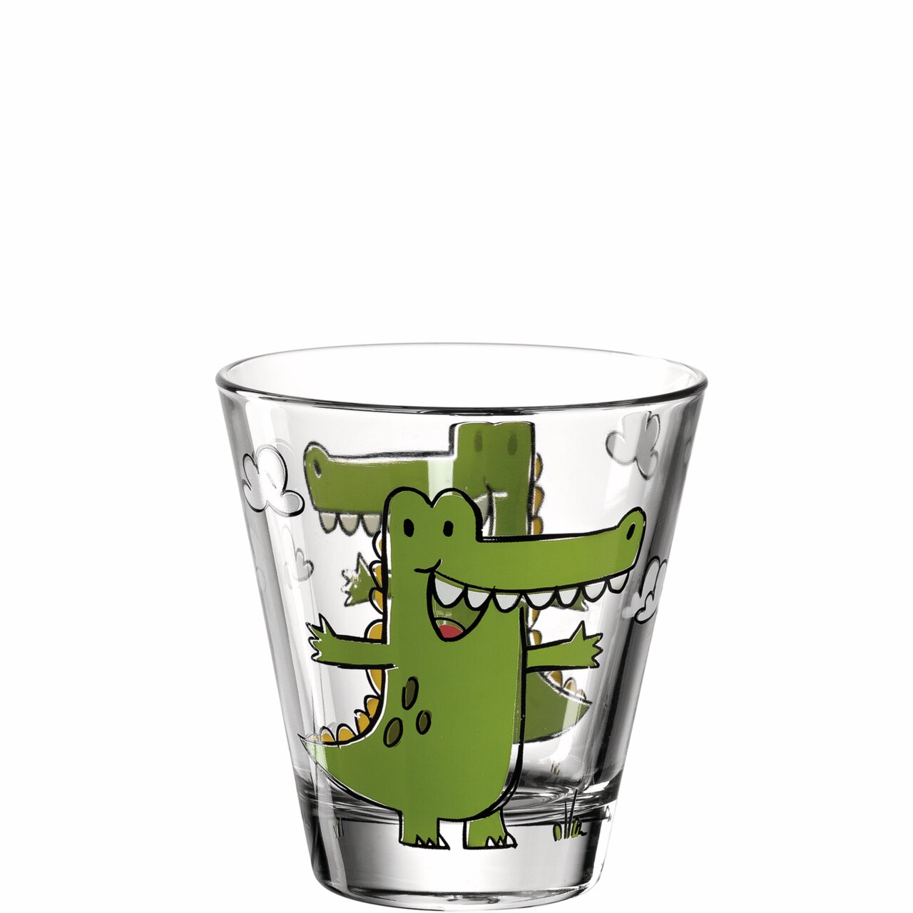 Frontalansicht eines transparenten Kinderbechers mit einem fröhlichen, grünen Krokodil-Design und Wolkenmotiv, 215ml.