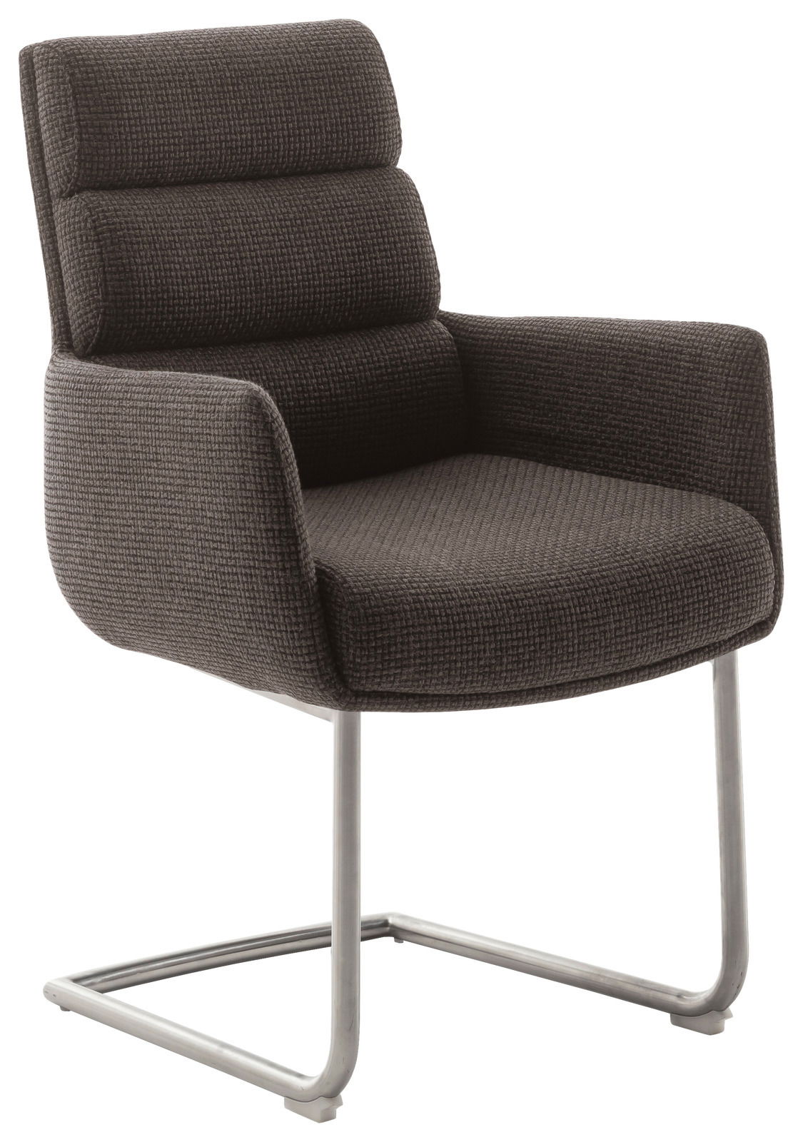 Freischwinger-Sessel in dunklem Stoffbezug mit Metallgestell, seitliche Perspektive