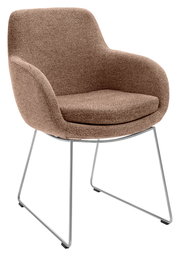 Brauner Armlehnstuhl mit gepolstertem Sitz und Rückenlehne, seitliche Perspektive