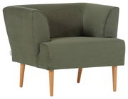 Grüner Sessel mit Holzbeinen, seitliche Perspektive