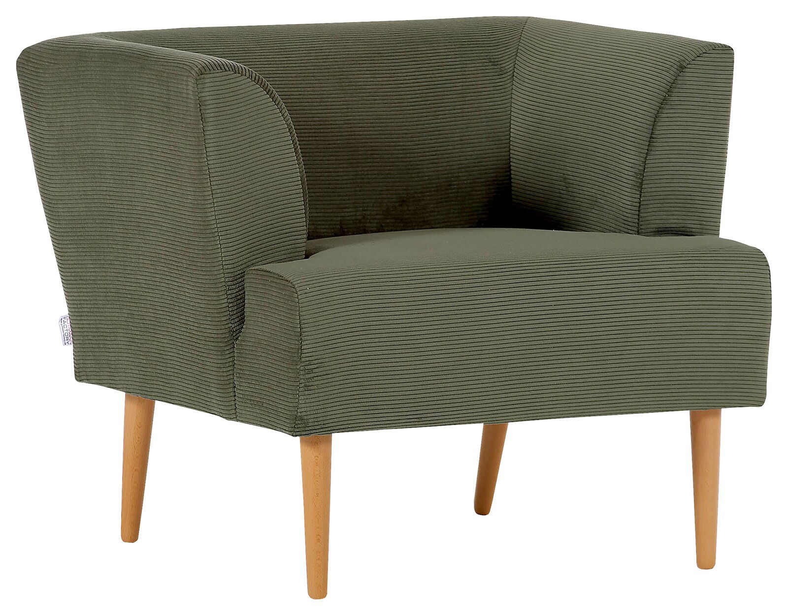 Grüner Sessel mit Holzbeinen, seitliche Perspektive