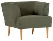 Grüner Sessel mit Holzbeinen, seitliche Perspektive