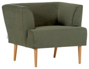 Grüner Sessel mit Holzbeinen, seitliche Perspektive