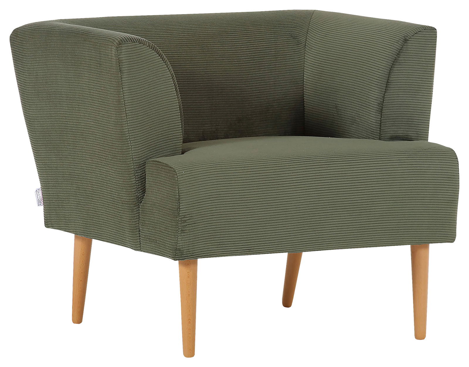 Grüner Sessel mit Holzbeinen, seitliche Perspektive