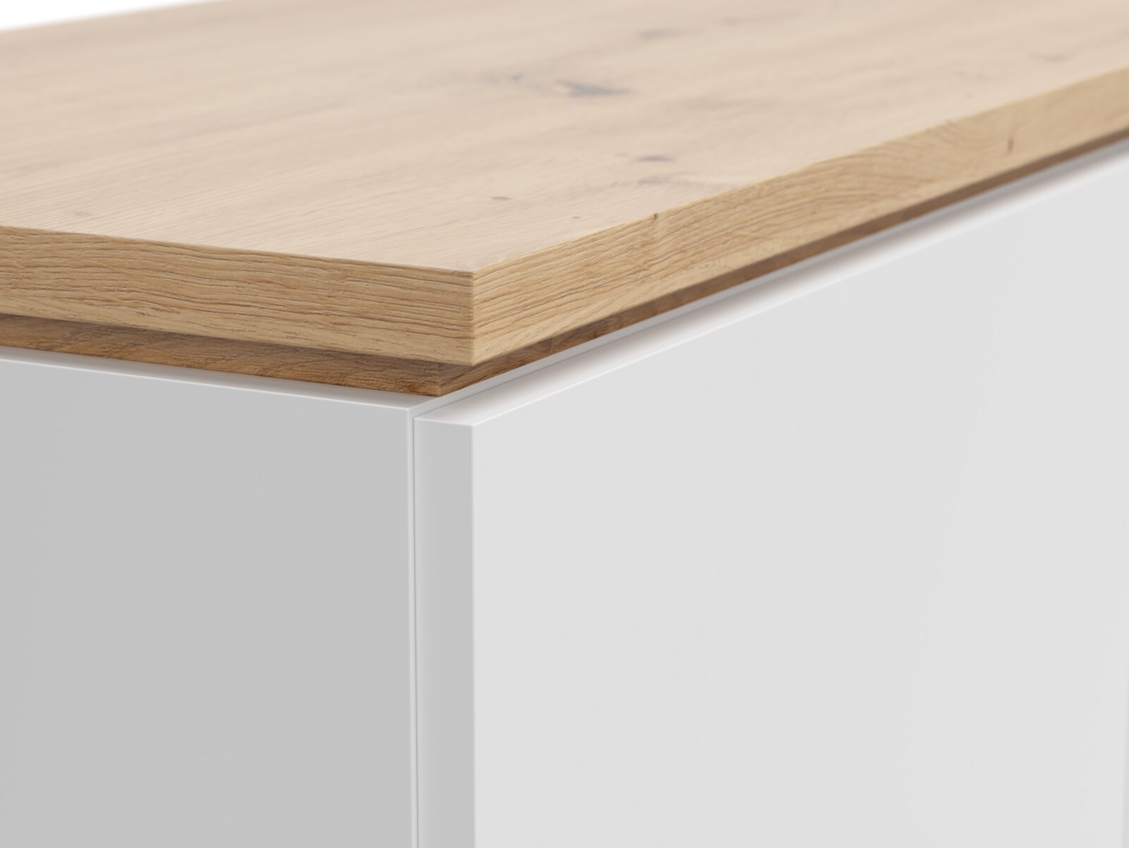 Close-up van een hoogkast met een wit front en een houten blad, gezien vanaf de zijkant
