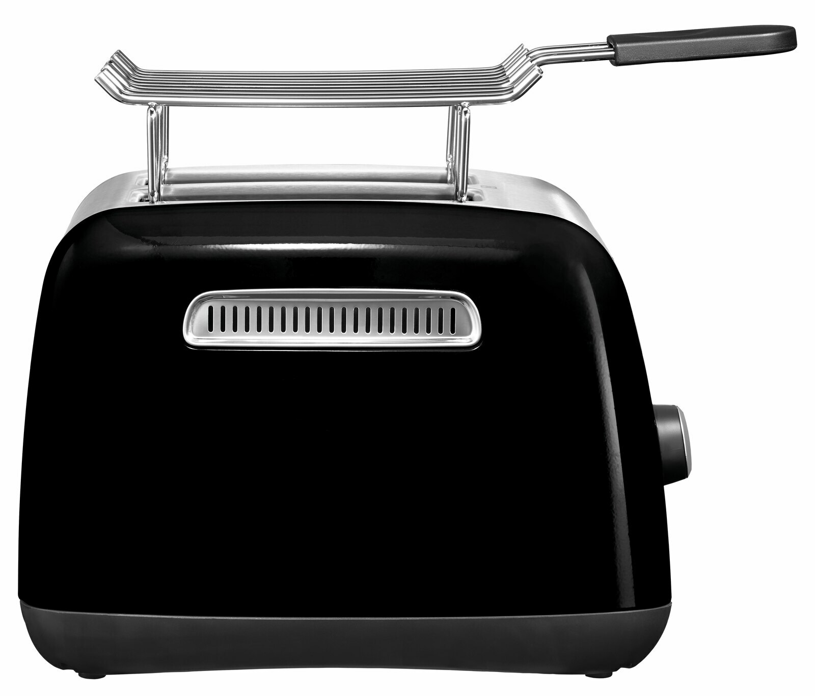 Schwarzer Kitchen Aid 2-Scheiben-Toaster, seitliche Ansicht mit Brötchenaufsatz.