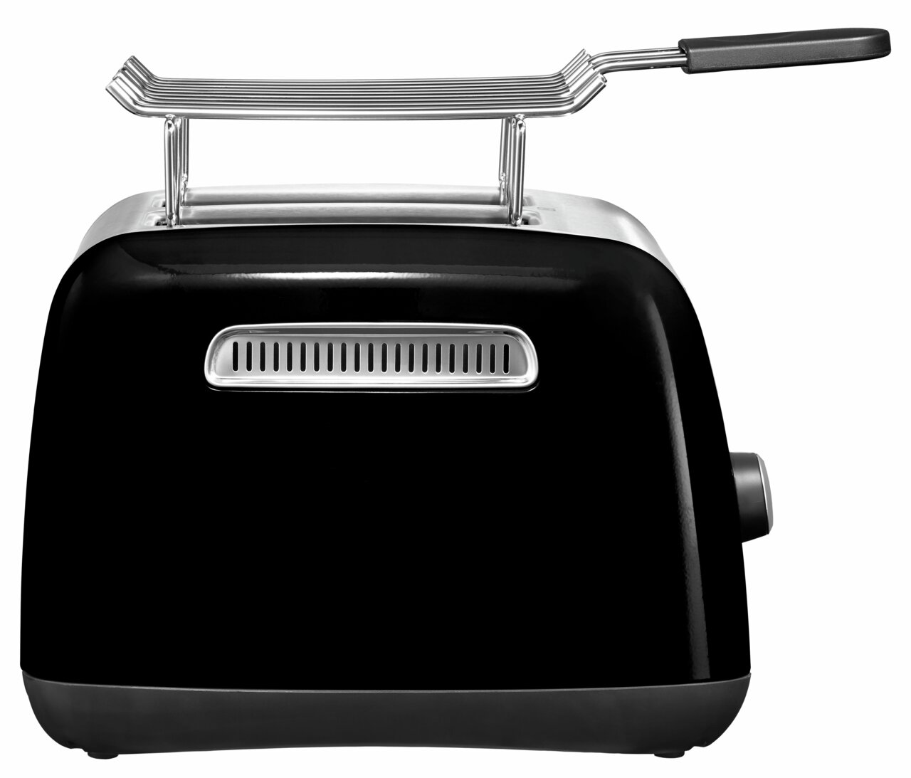 Zwarte KitchenAid-broodrooster met twee sleuven, zijaanzicht met broodjeshouder.