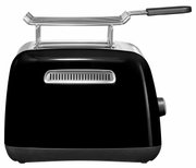 Zwarte KitchenAid-broodrooster met twee sleuven, zijaanzicht met broodjeshouder.