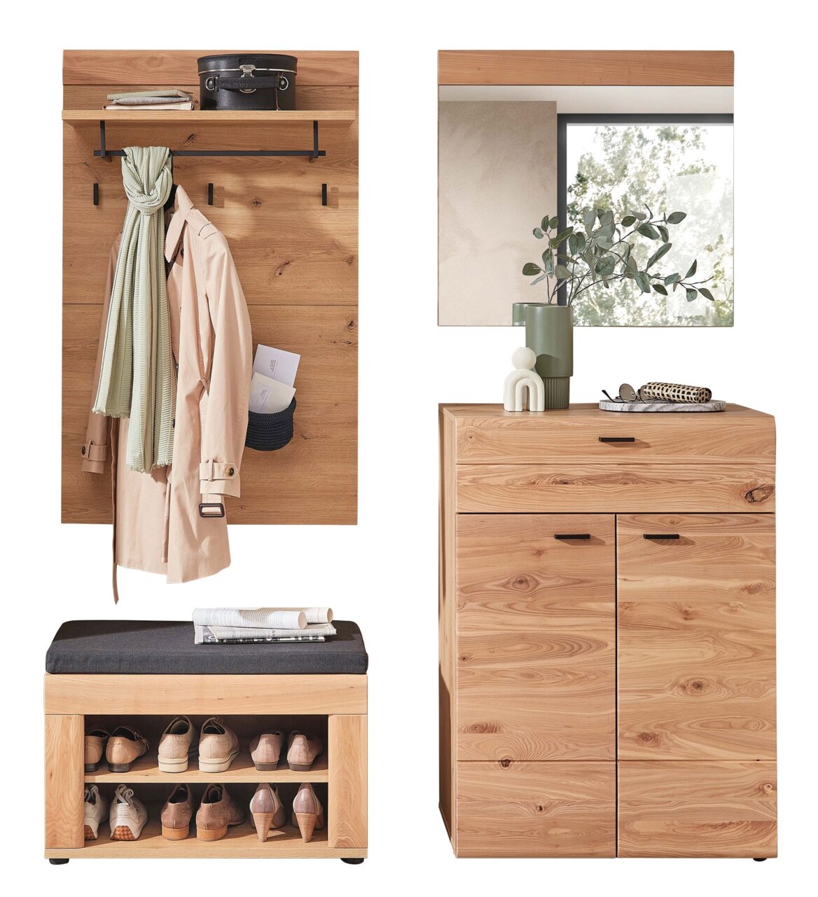 Linea Natura Garderobenkombination-Set MALAGA Garderobenkombination Set 81 aus Holz mit Spiegel, Schuhbank und Hakenleiste, frontal betrachtet