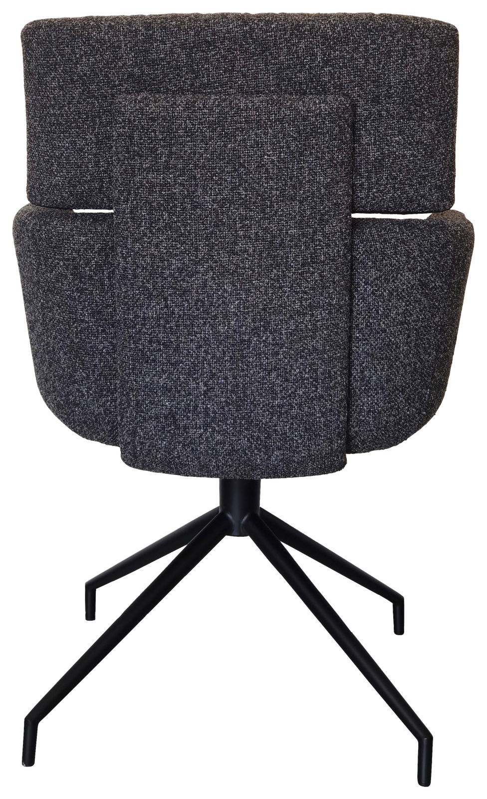 Rückansicht eines modernen Armlehnstuhls mit grauem Stoffbezug und schwarzem Metallgestell