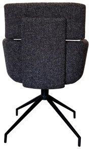 Rückansicht eines modernen Armlehnstuhls mit grauem Stoffbezug und schwarzem Metallgestell