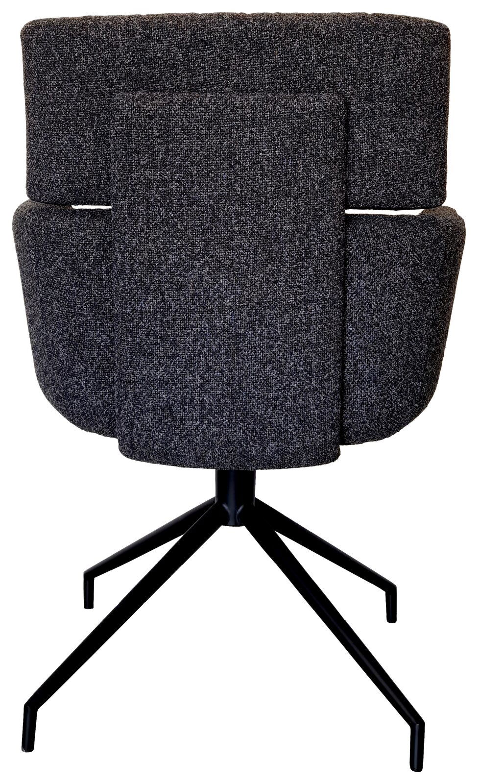 Rückansicht eines modernen Armlehnstuhls mit grauem Stoffbezug und schwarzem Metallgestell