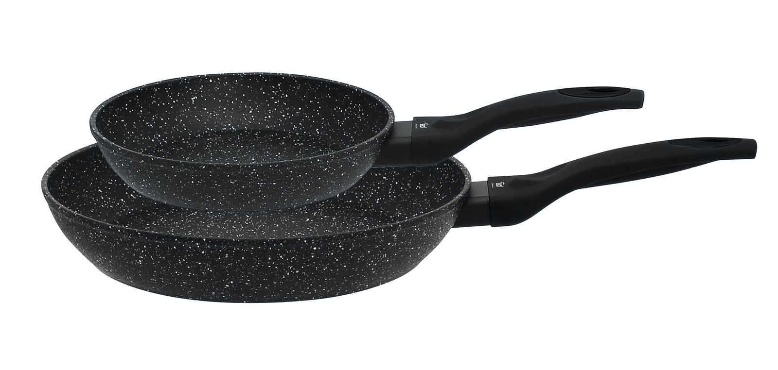 Zwei schwarze Pfannen mit Granitoptik und ergonomischen Griffen, seitliche Perspektive.