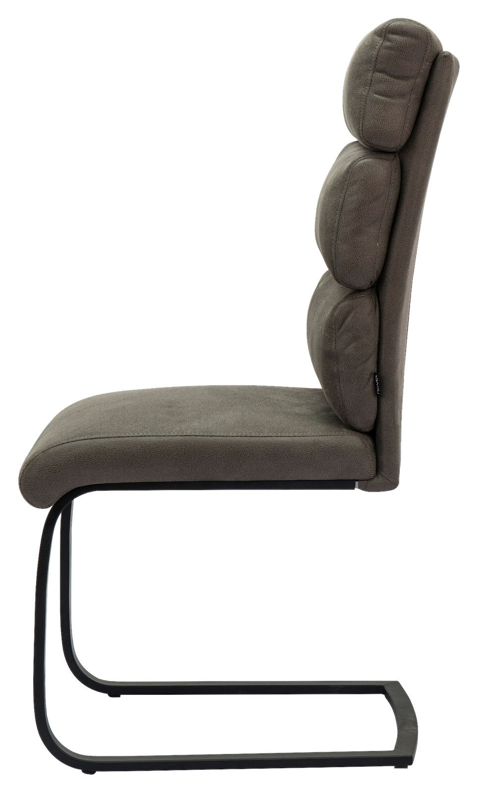 Seitenansicht eines Freischwinger-Stuhls mit gepolstertem Sitz und Rückenlehne in dunklem Stoff, schwarzem Metallgestell.