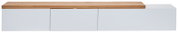 Modernes, niedriges Sideboard/TV-Board in Weiß mit Holzplatte, Frontansicht leicht von oben.