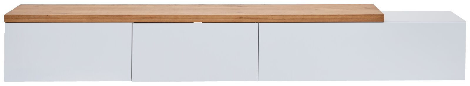 Modernes, niedriges Sideboard/TV-Board in Weiß mit Holzplatte, Frontansicht leicht von oben.