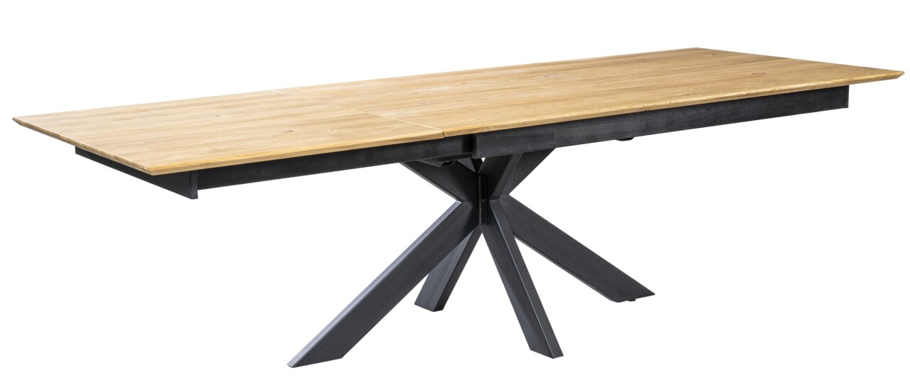 Moderner Esstisch mit Holzplatte und schwarzem Metallgestell, seitliche Perspektive