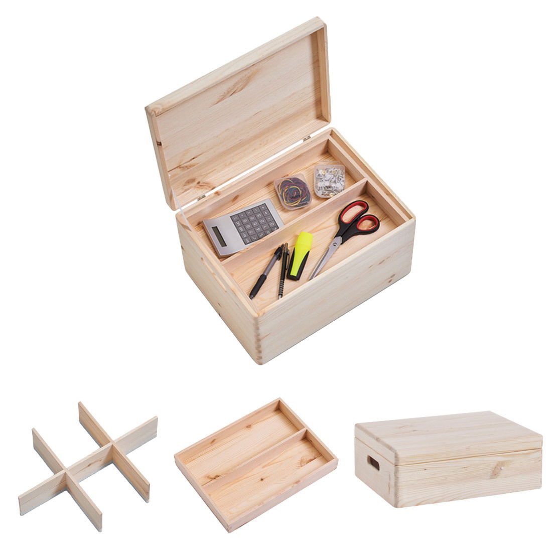 Holz-Allzweckkiste mit Deckel, offen mit Bürobedarf gefüllt, von oben betrachtet. Enthält Trennwände und herausnehmbare Einsätze.