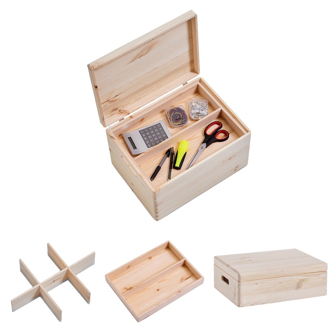 Zeller Present Allzweckkisten-Set m. Deckel Holz-Allzweckkiste mit Deckel, offen mit Bürobedarf gefüllt, von oben betrachtet. Enthält Trennwände und herausnehmbare Einsätze.