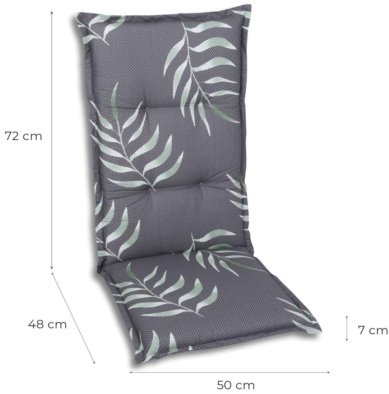 Hochlehnerauflage mit grauem Zickzackmuster und grünen Blättern, seitliche Perspektive