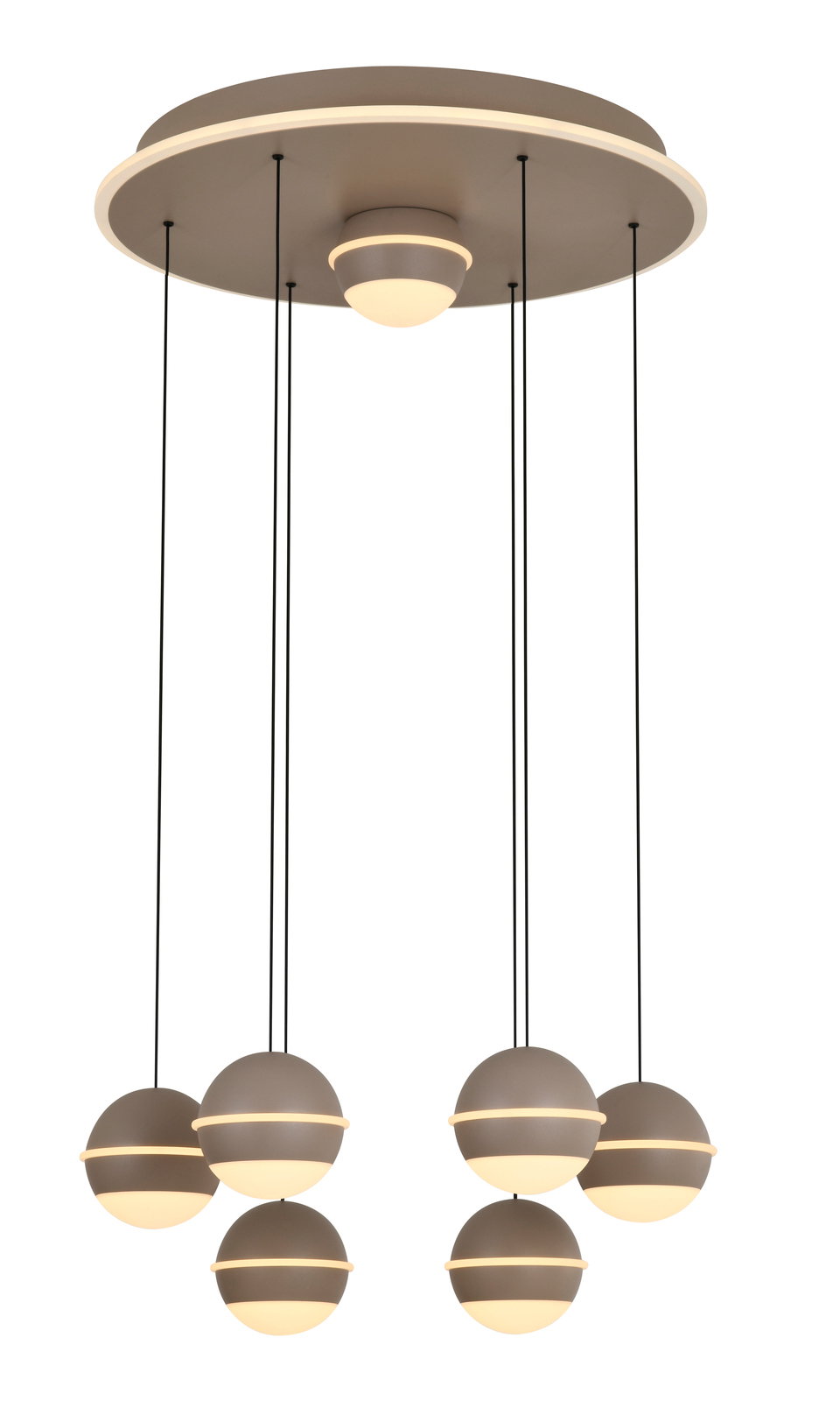 Moderne LED-Pendelleuchte mit sechs kugelförmigen Lampen, hängend von einer runden Deckenplatte, seitliche Perspektive