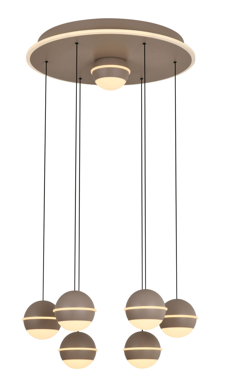 Moderne LED-Pendelleuchte mit sechs kugelförmigen Lampen, hängend von einer runden Deckenplatte, seitliche Perspektive