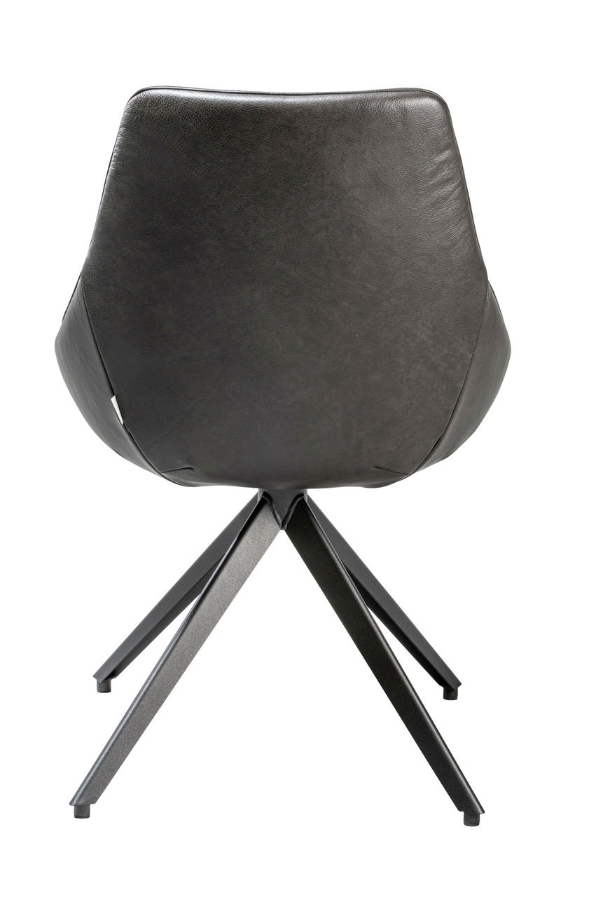 Rückansicht eines modernen schwarzen Stuhls mit vier Metallbeinen.