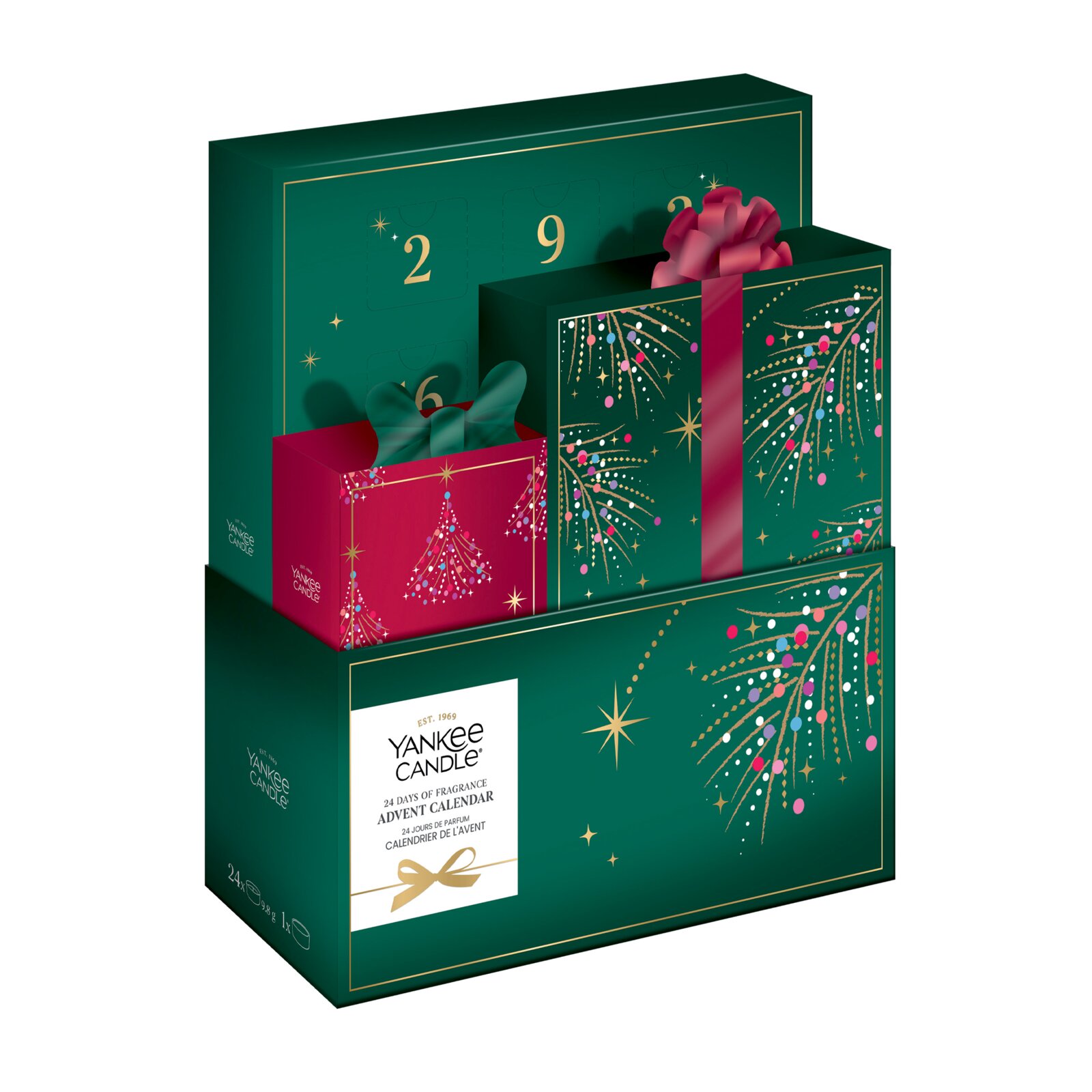 Yankee Candle 24 Days of Fragrance-adventskalender in donkergroene geschenkverpakking met gouden en kleurrijke feestdecoraties, schuin van voren afgebeeld