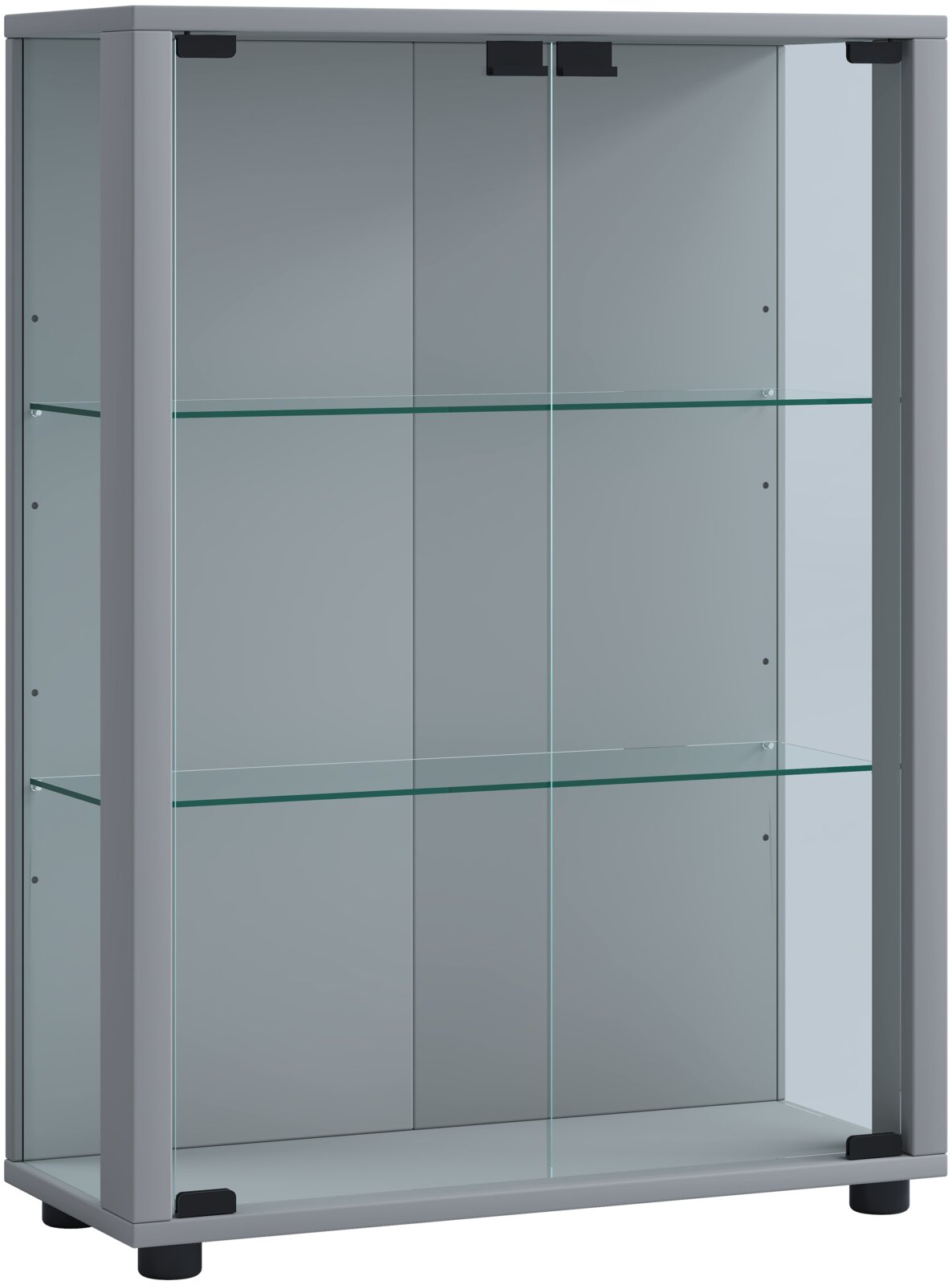 Graue Glasvitrine mit zwei Glasböden und Schiebetüren, Frontansicht leicht von links