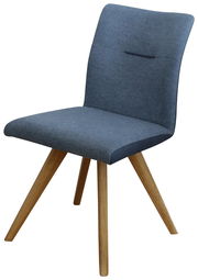 Moderner Stuhl mit grauem Stoffbezug und Holzbeinen, seitliche Perspektive