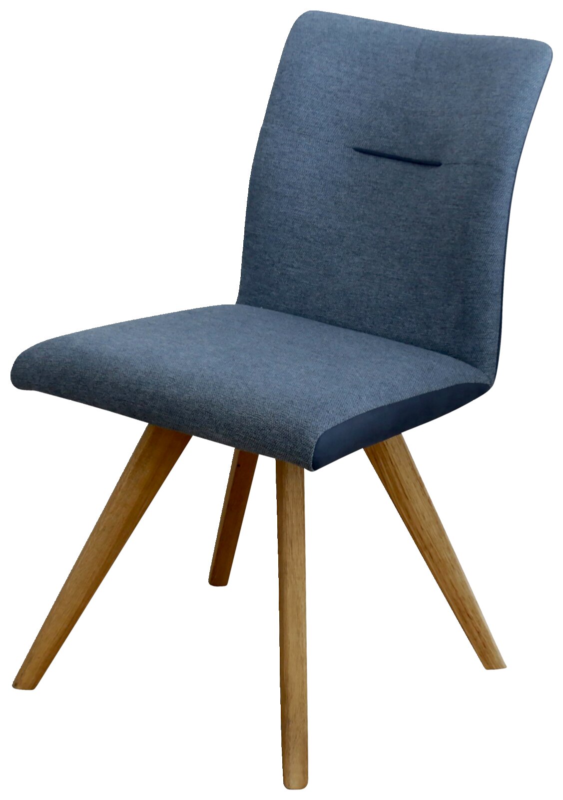 Moderne stoel met grijze stoffen bekleding en houten poten, zijaanzicht