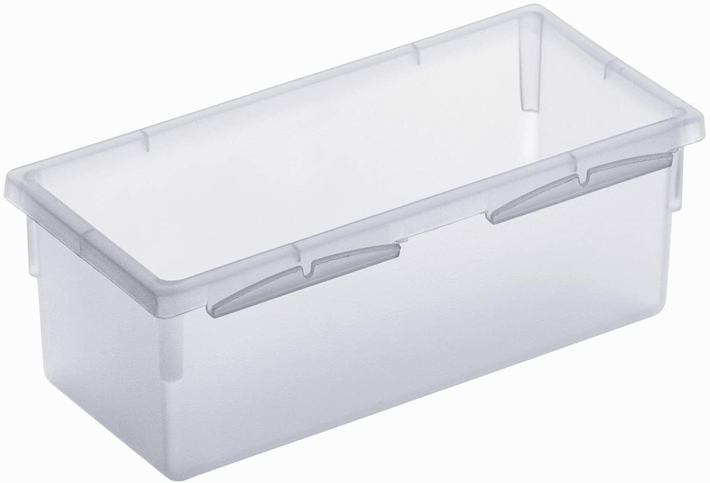 Transparente Kunststoffbox, rechteckig, von schräg oben betrachtet.