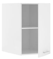 Weißer Aufsatzschrank mit zwei Türen, geöffnet, aus schräger Perspektive