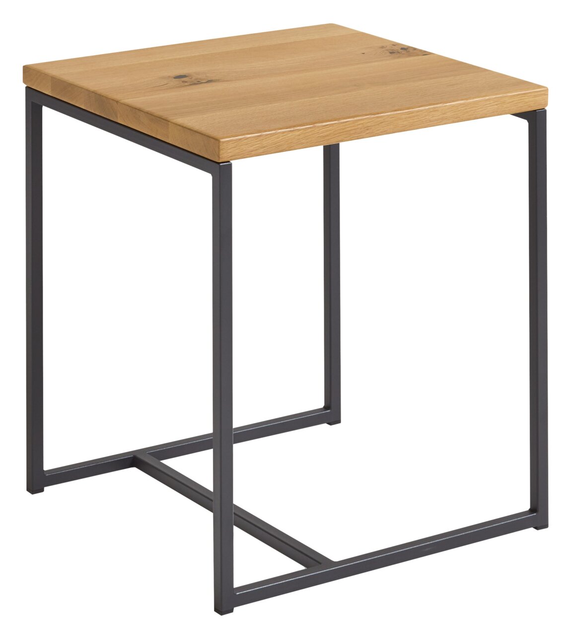 Moderne bijzettafel met houten blad en zwart metalen onderstel, zijaanzicht