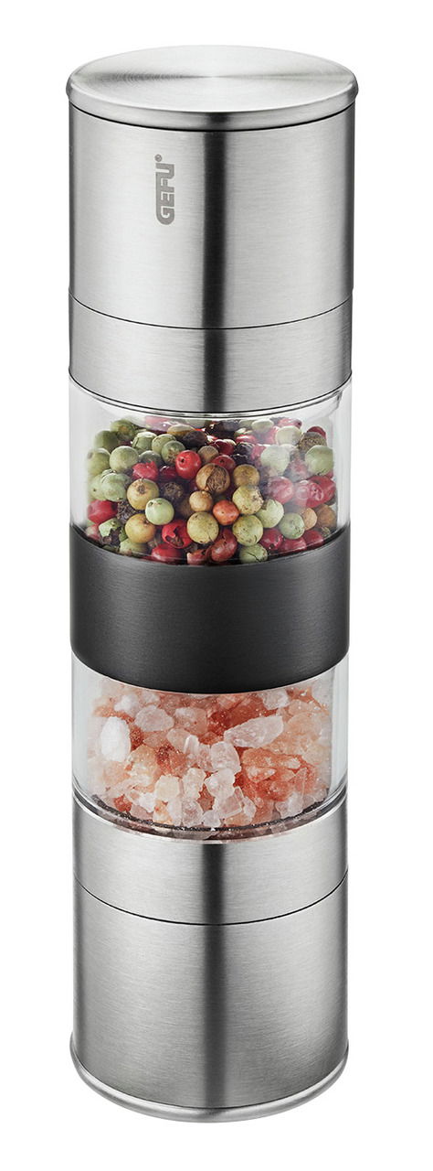 Doppelmühle LAMOLA aus Edelstahl mit zwei Kammern, gefüllt mit buntem Pfeffer und rosa Salz, in Frontalansicht.