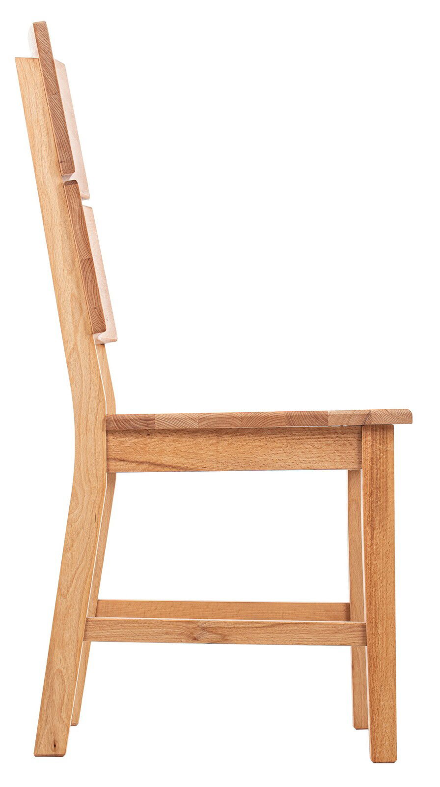 Seitenansicht eines hölzernen Stuhls mit gerader Rückenlehne.